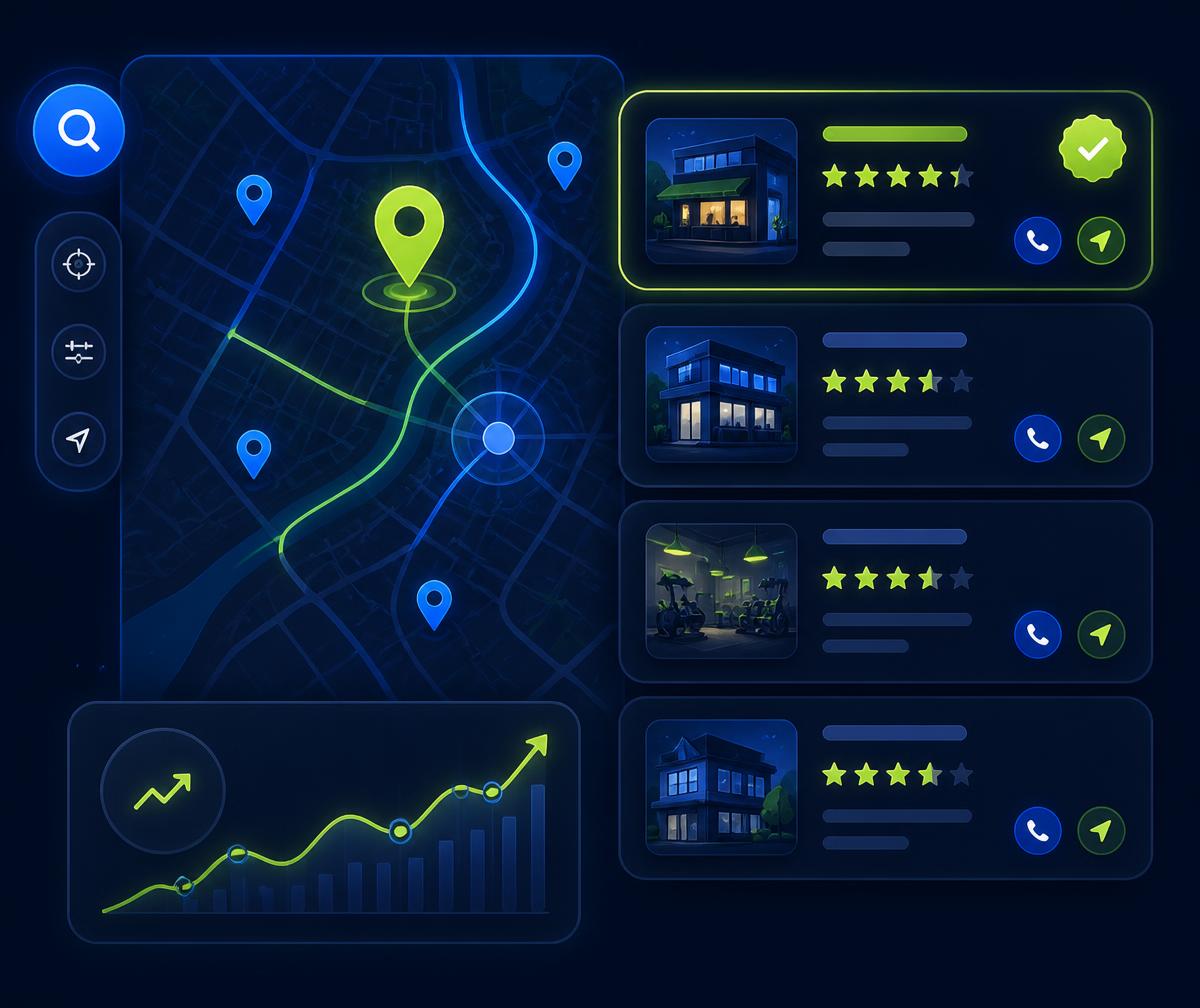 Illustration of local search results with map pins, business listing cards and a verified badge